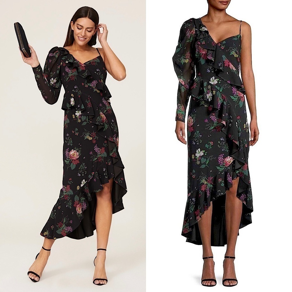 AMUR Floral Chiffon One Shoulder Puff Long Sleeveβ Ruffle Asymmetric Hem Dress 8